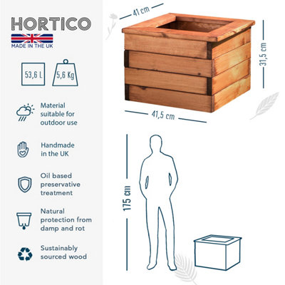 HORTICO Scandinavian Red Wood Square Wooden Planter for Garden, Outdoor Plant Pot Made in the UK H31.5 L41.5 W41 cm, 25L
