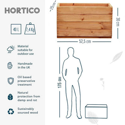 HORTICO Scandinavian Red Wood Trough Wooden Planter for Garden, Outdoor Plant Pot Made in the UK H30 L52.5 W25 cm, 40L