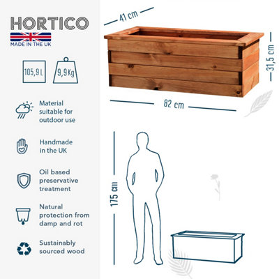 HORTICO Scandinavian Red Wood Trough Wooden Planter for Garden, Outdoor Plant Pot Made in the UK H31.5 L82 W41 cm, 62L