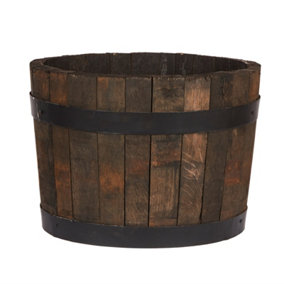 HORTICO Upcycled Oak Half Barrel Wooden Planter for Garden, Outdoor Plant Pot Made in the UK D40 H30 cm, 37.7L