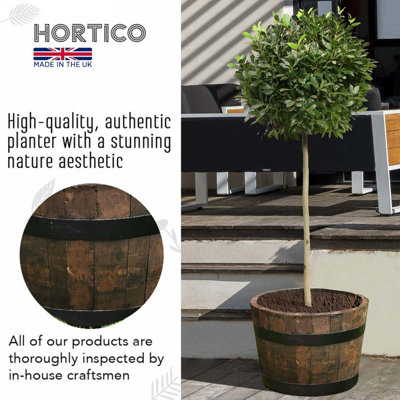 HORTICO Upcycled Oak Wood Half Barrel Wooden Planter for Garden, Outdoor Plant Pot Made in the UK D40 H30 cm, 37.7L