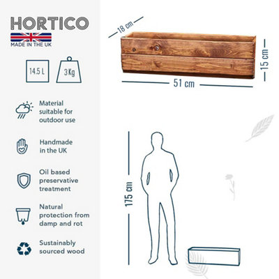 HORTICO™ Wooden Planter, 51cm Long Window Box, Garden Trough Planter, Outdoor Plant Pot Made in the UK H15 L51 W18 cm, 8L