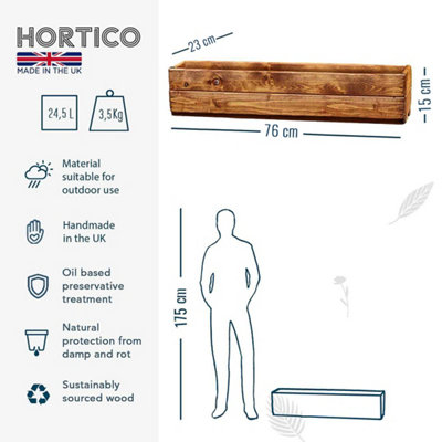 HORTICO™ Wooden Planter, 76cm Long Window Box, Garden Trough Planter, Outdoor Plant Pot Made in the UK H15 L76 W23 cm, 24.5L