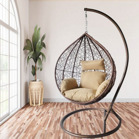 Hortus Large Brown Hanging Rattan Swing Patio Garden Chair Weave Egg w/Cushion In Outdoor