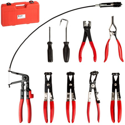 Hose Clamp Pliers and Hose Clip Pliers - 9-piece set, case included - black/red