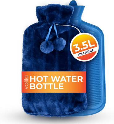 Hot Water Bottle 3.5L XXL Blue Faux Fur Covered for Pain Relief, Washable Bag for Hot and Cold Compress (1 Pack)