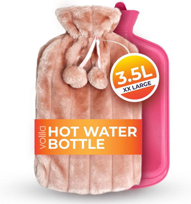 Hot Water Bottle 3.5L XXL Pink Faux Fur Covered for Pain Relief, Washable Bag for Hot and Cold Compress (1 Pack)