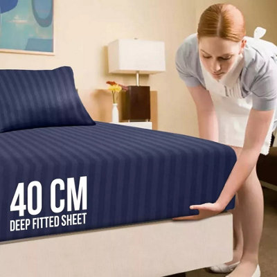 Hotel Quality Extra Deep 40CM Fitted Sheets Satin Stripe Single Double King Super King Size Fitted Bed Sheets