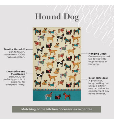 Hound Dog Animal Print 100% Cotton Tea Towel