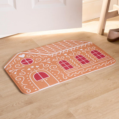 House Door Kitchen Floor Rug Christmas Gingerbread House Mat, Brown - 40 x 60cm