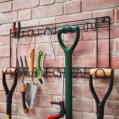 House of Home 11 Hook Tool & Garden Storage Rack Garage Wall Hanging Shed For Gardening Tools, Equipment, Black