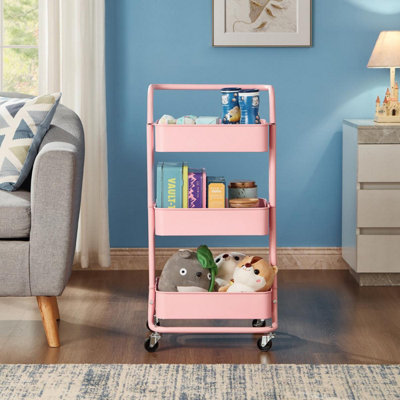 House of Home 3 Tier Pink Storage Cart on Wheels for Kitchen Office and Bathroom
