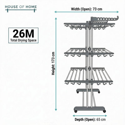 House of Home 4 Tier XL Tower Dryer Rack with Wheels 26m Drying Space ...
