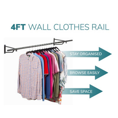House of Home 4ft Clothes Rail Black Wall Mounted Garment Hanging Wardrobe Rack Storage - 5