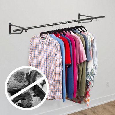 House of Home 4ft Clothes Rail Black Wall Mounted Garment Hanging Wardrobe Rack Storage - 6