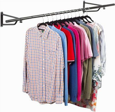 House of Home 4ft Clothes Rail Black Wall Mounted Garment Hanging Wardrobe Rack Storage - 7