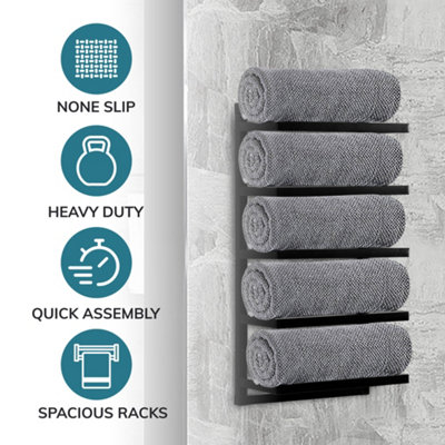 House of Home 5 Tier Towel Holder Rack Bathroom Storage Rack Wall Mounted Quality Black Finish - 4