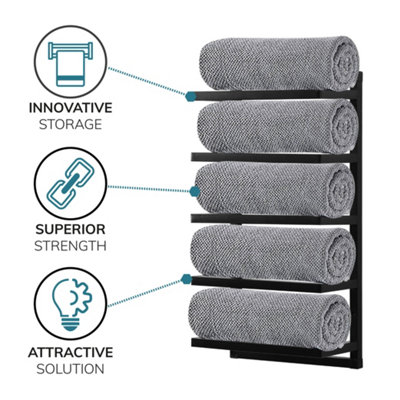 House of Home 5 Tier Towel Holder Rack Bathroom Storage Rack Wall Mounted Quality Black Finish - 5