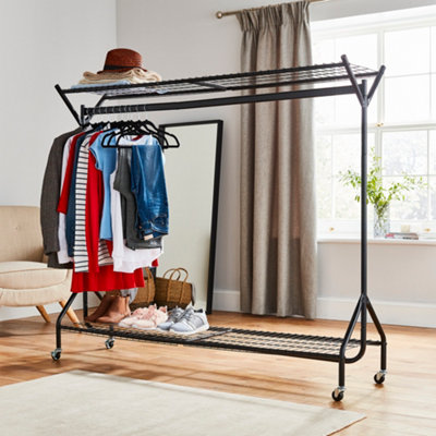 House of Home Black Heavy Duty Metal Clothes Rail on Wheels with 2 Shelves 6ft x 5ft Wardrobe & Shoe Storage Organiser
