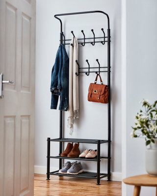 House of Home Black Metal Hat Coat Stand Clothes Plus Shoes Rack Umbrella Steel Stand Hanger Hooks Black