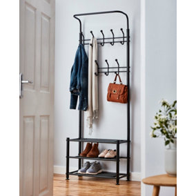 House of Home Black Metal Hat Coat Stand Clothes Plus Shoes Rack Umbrella Steel Stand Hanger Hooks Black