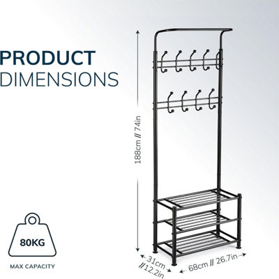 House of Home Black Metal Hat Coat Stand Clothes Plus Shoes Rack Umbrella Steel Stand Hanger Hooks Black
