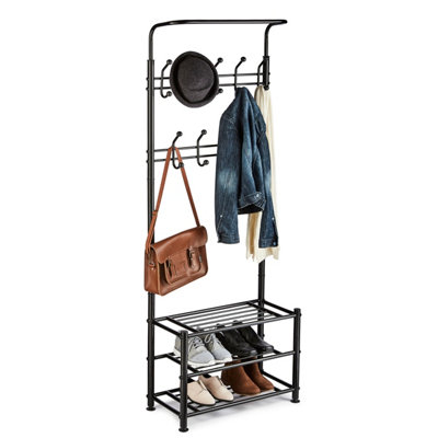 House of Home Black Metal Hat Coat Stand Clothes Plus Shoes Rack Umbrella Steel Stand Hanger Hooks Black - 3