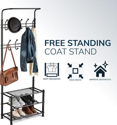 House of Home Black Metal Hat Coat Stand Clothes Plus Shoes Rack Umbrella Steel Stand Hanger Hooks Black - 7