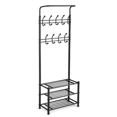 House of Home Black Metal Hat Coat Stand Clothes Plus Shoes Rack Umbrella Steel Stand Hanger Hooks Black - 8