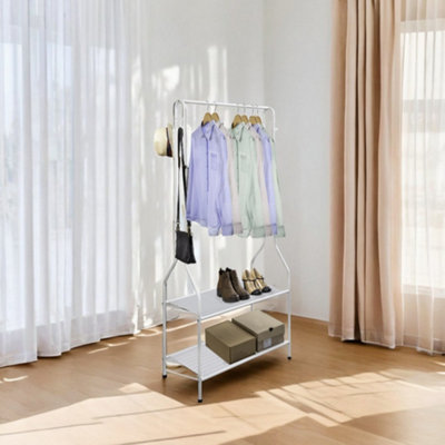 House of Home Clothes Rack Steel White Clothing Rail With Two Shelves Hanging Hooks 5ft Height