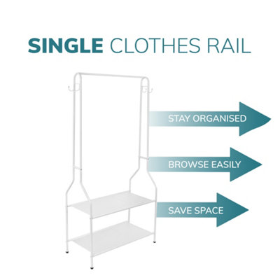House of Home Clothes Rack Steel White Clothing Rail With Two Shelves Hanging Hooks 5ft Height - 7