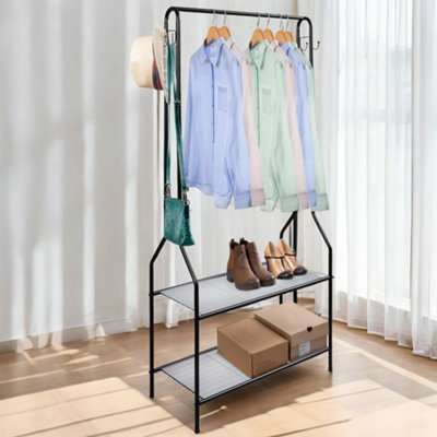 House of Home Clothes Rack With 2 Shoe Shelves Rail For Coats Jackets 4 Hanging Storage Hooks Black