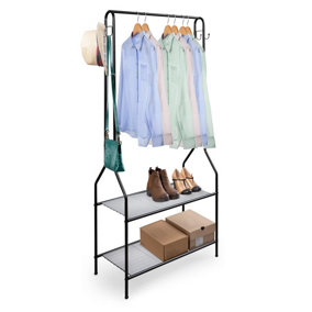 House of Home Clothes Rack With 2 Shoe Shelves Rail For Coats Jackets 4 Hanging Storage Hooks Black