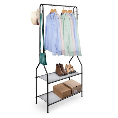 House of Home Clothes Rack With 2 Shoe Shelves Rail For Coats Jackets 4 Hanging Storage Hooks Black - 7