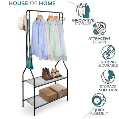 House of Home Clothes Rack With 2 Shoe Shelves Rail For Coats Jackets 4 Hanging Storage Hooks Black - 8