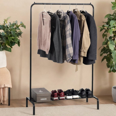House of Home Clothes Rail Heavy Duty Single Rack Black Freestanding With Shoe Shelf