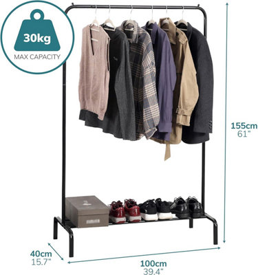 House of Home Clothes Rail Heavy Duty Single Rack Black Freestanding With Shoe Shelf