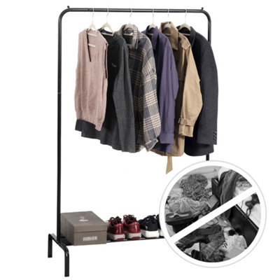 House of Home Clothes Rail Heavy Duty Single Rack Black Freestanding With Shoe Shelf - 6