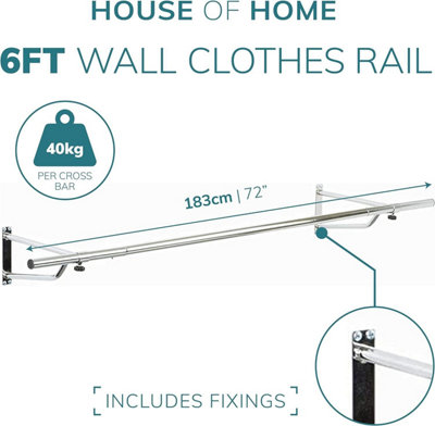 House of Home Clothes Rail Wall Mounted Garment Hanging Wardrobe Rack Storage 6ft Length Chrome