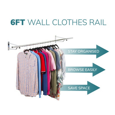 House of Home Clothes Rail Wall Mounted Garment Hanging Wardrobe Rack Storage 6ft Length Chrome - 5