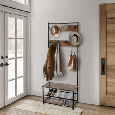 House of Home Coat Rack Stand with Shoe Storage Bench 9 Hooks Rustic Brown Entrance Hall