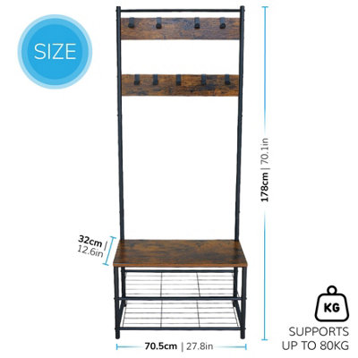 House of Home Coat Rack Stand with Shoe Storage Bench 9 Hooks Rustic Brown Entrance Hall