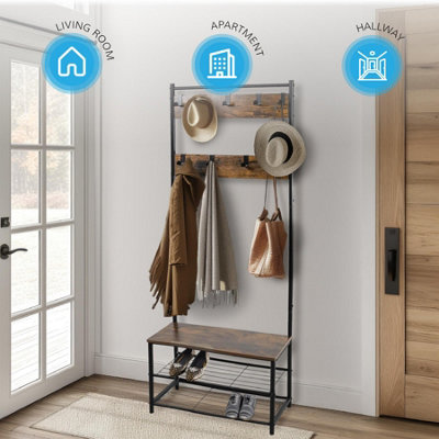 House of Home Coat Rack Stand with Shoe Storage Bench 9 Hooks Rustic Brown Entrance Hall