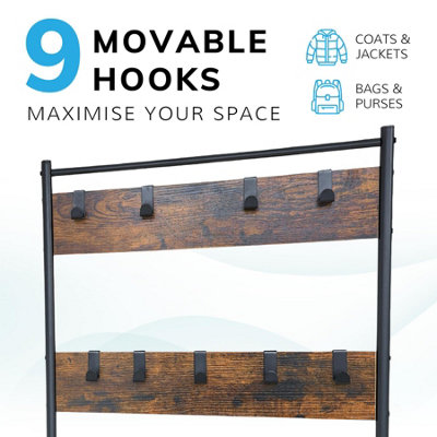 House of Home Coat Rack Stand with Shoe Storage Bench 9 Hooks Rustic Brown Entrance Hall - 7