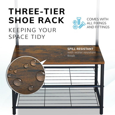 House of Home Coat Rack Stand with Shoe Storage Bench 9 Hooks Rustic Brown Entrance Hall - 8