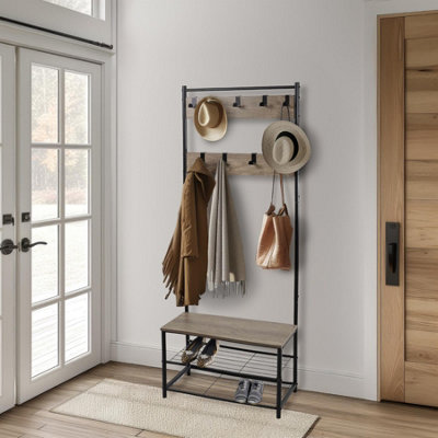 House of Home Coat Rack Stand with Shoe Storage Bench 9 Hooks Rustic Light Brown Entrance Hall