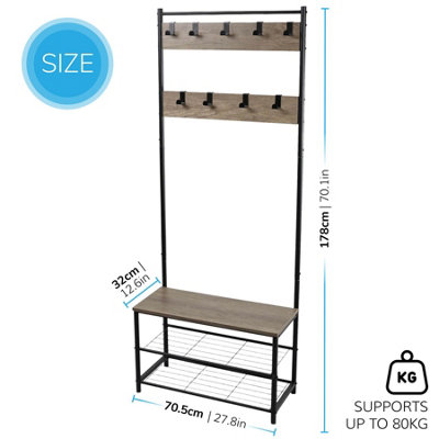 House of Home Coat Rack Stand with Shoe Storage Bench 9 Hooks Rustic Light Brown Entrance Hall