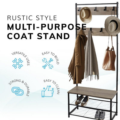 House of Home Coat Rack Stand with Shoe Storage Bench 9 Hooks Rustic Light Brown Entrance Hall - 6