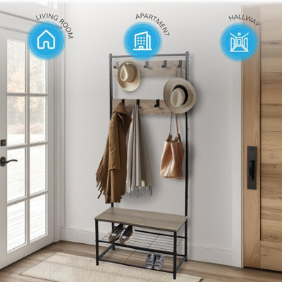 House of Home Coat Rack Stand with Shoe Storage Bench 9 Hooks Rustic Light Brown Entrance Hall - 7