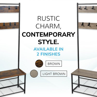 House of Home Coat Rack Stand with Shoe Storage Bench 9 Hooks Rustic Light Brown Entrance Hall - 8
